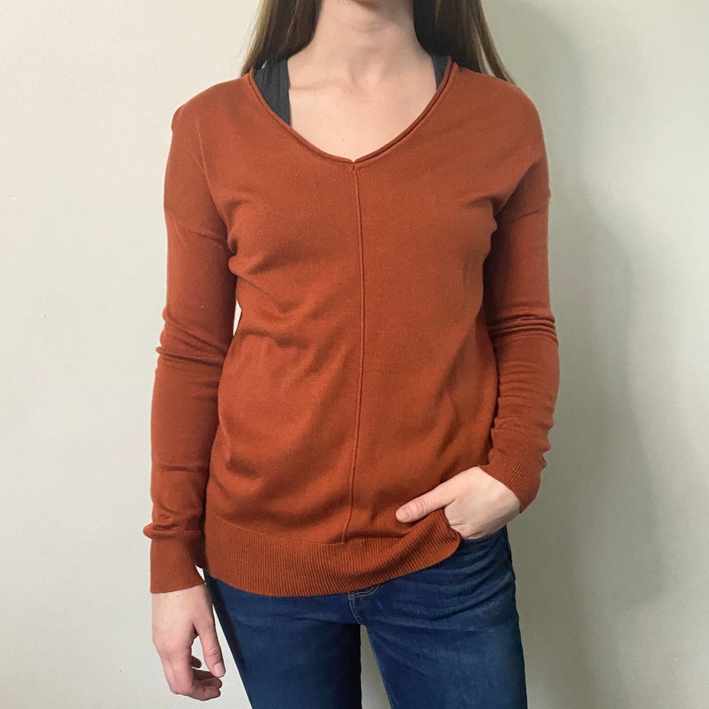 Grace & Lace Cashmere Blend V Neck Layering Sweater Burnt Orange S